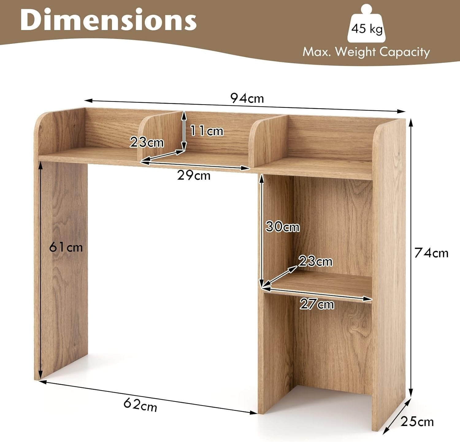 Natural Desktop Bookshelf 3-Shelf Storage Hutch Organizer Rack 94cm