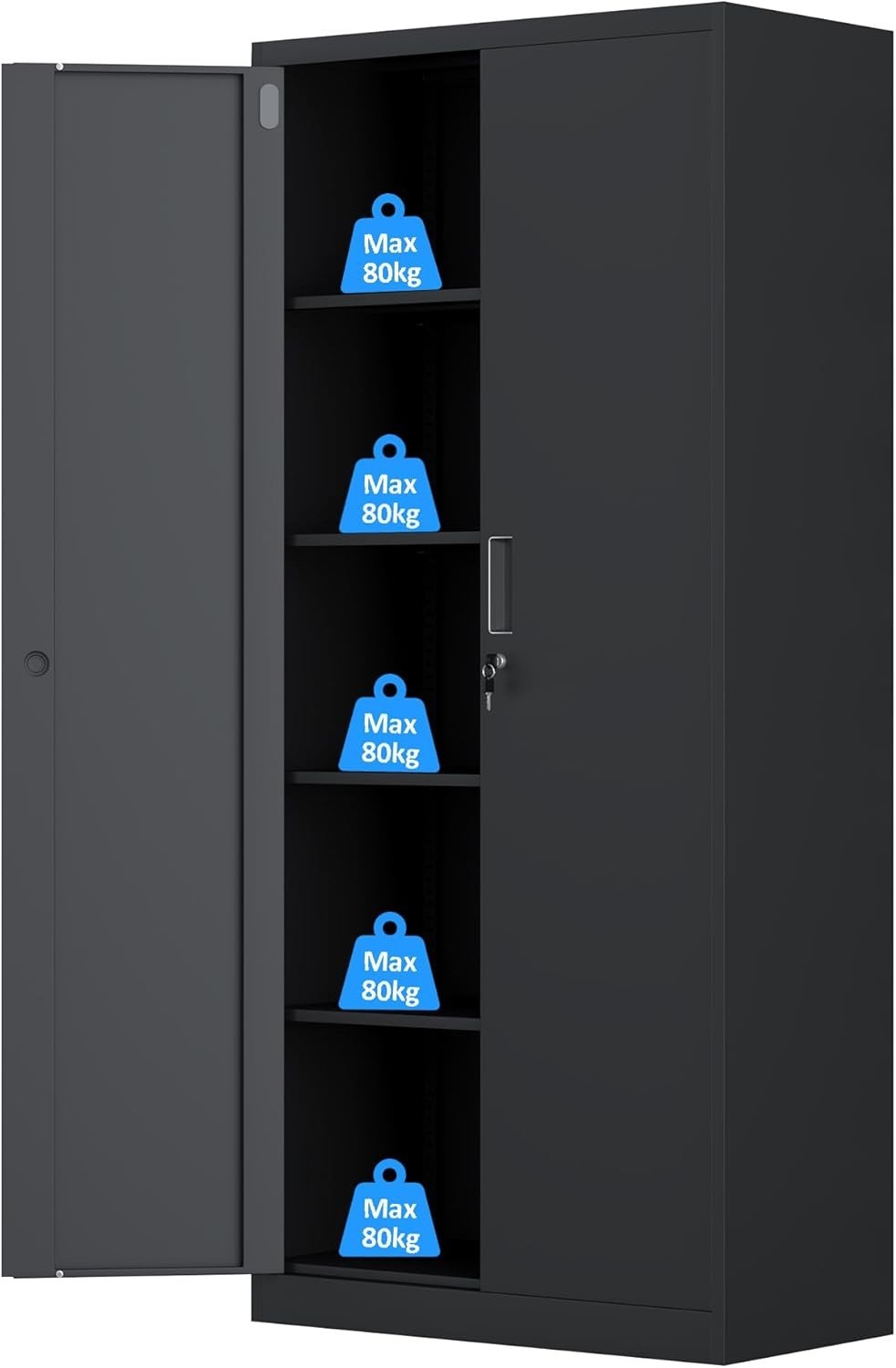 Lockable Steel Storage Cabinet with Shelves, 180cm Tall Metal Cupboard