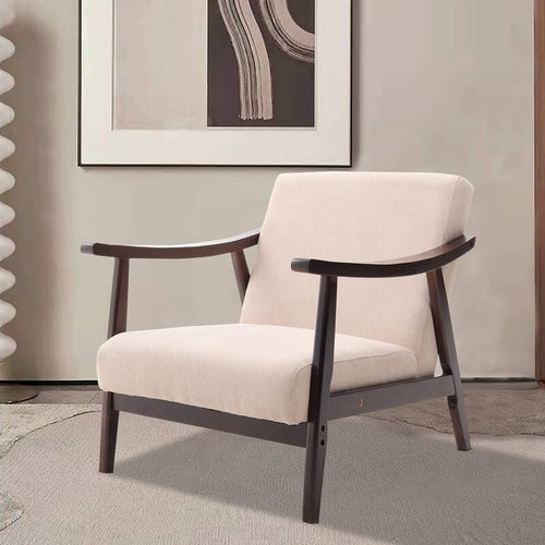Mid-Century Beige Fabric Armchair Wooden Frame Accent Lounge Chair