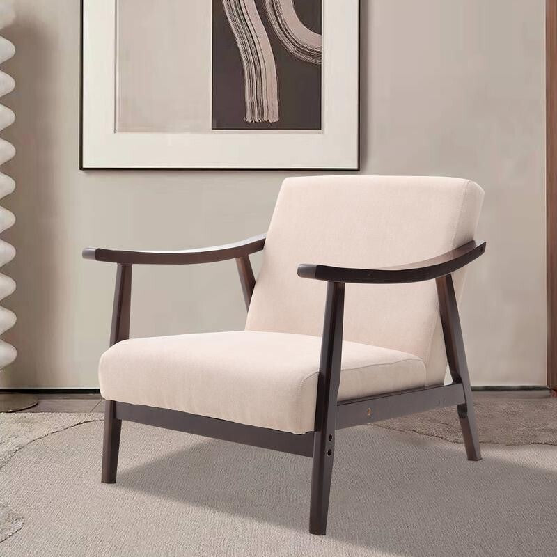 Mid-Century Beige Fabric Armchair Wooden Frame Accent Lounge Chair