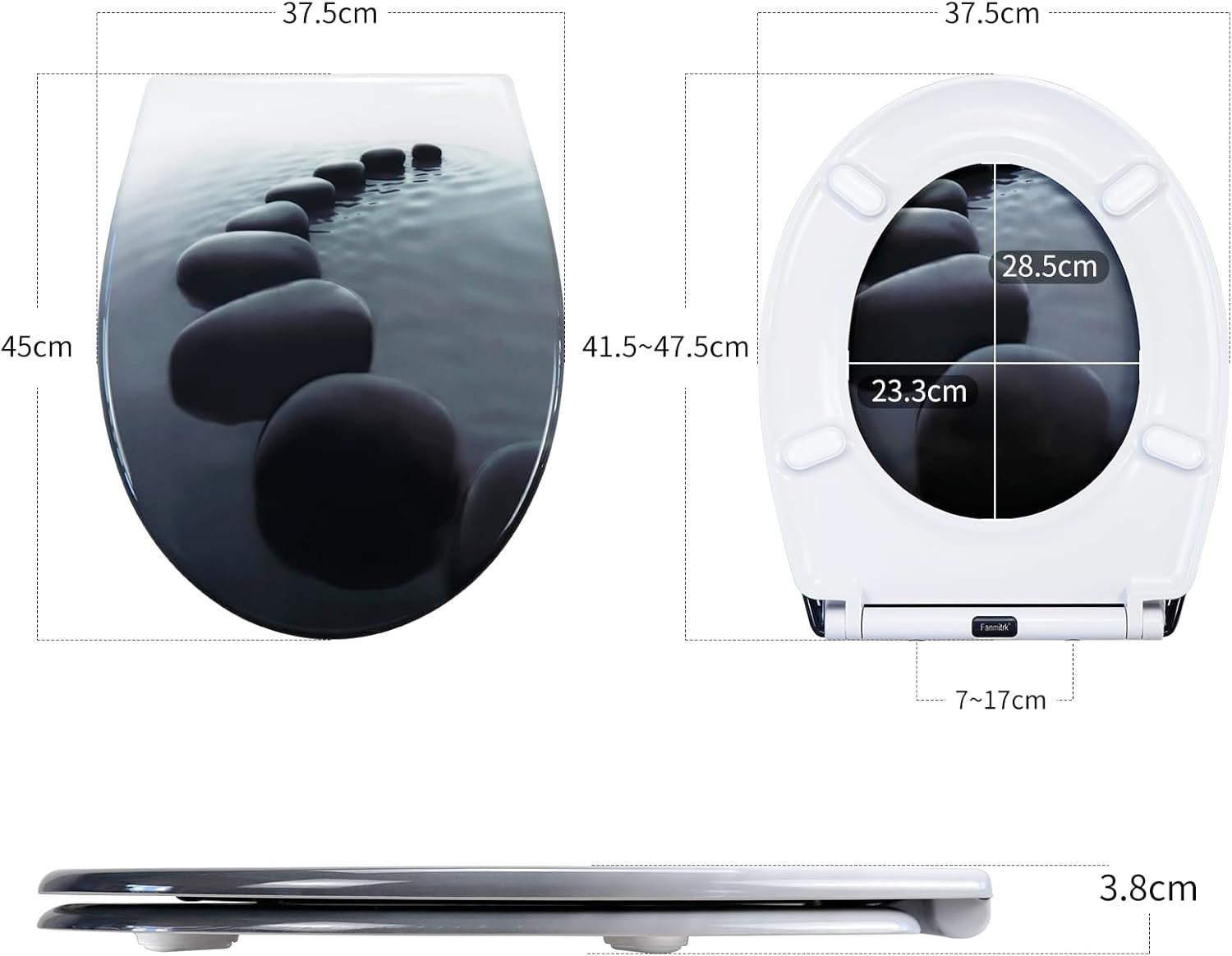 Stone Water Toilet Seat Soft Close Duroplast Quick Release Top Fix 45x37cm Oval