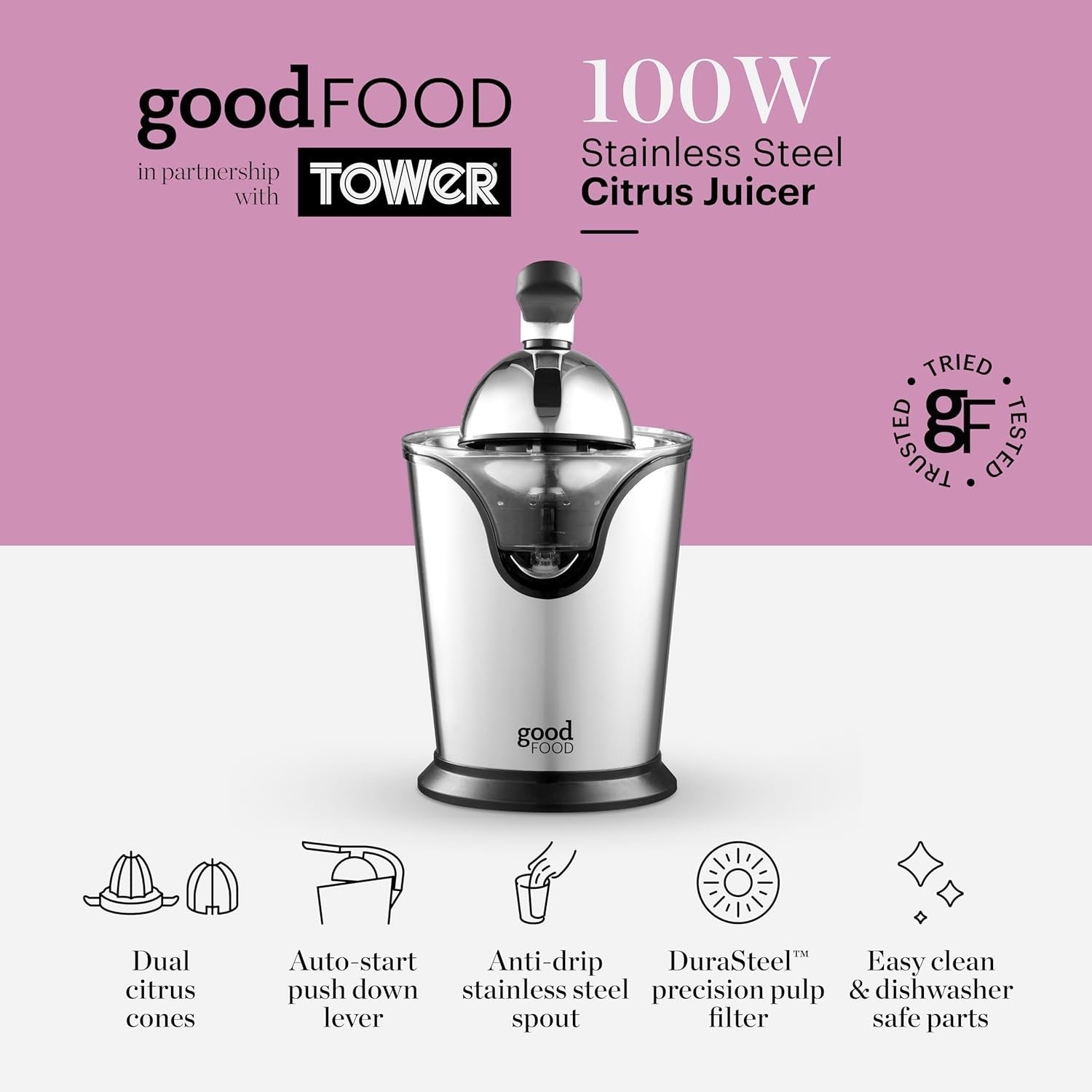 Electric Citrus Juicer Stainless Steel Dual Cones 100W Easy Press