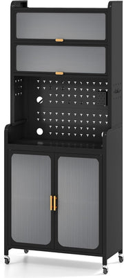 79x37x192cm Black 6-Tier Rolling Kitchen Cabinet with Flip Doors & Wheels