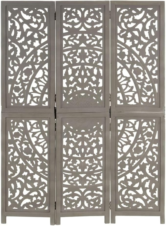 3 Panel Grey Carved Wooden Room Divider 120x165cm Folding Privacy Screen