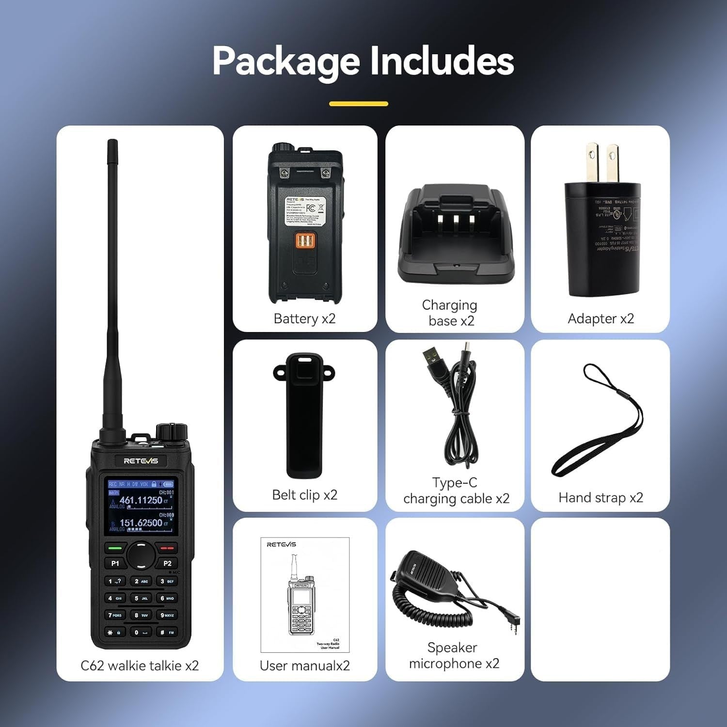 Dual Band Walkie Talkies 2 Pack High Power Long Range 2000mAh Type-C
