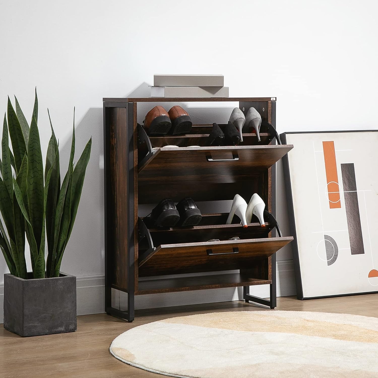 Slim Industrial Shoe Cabinet 2 Flip Drawers Hallway Storage 64x23.5x85cm