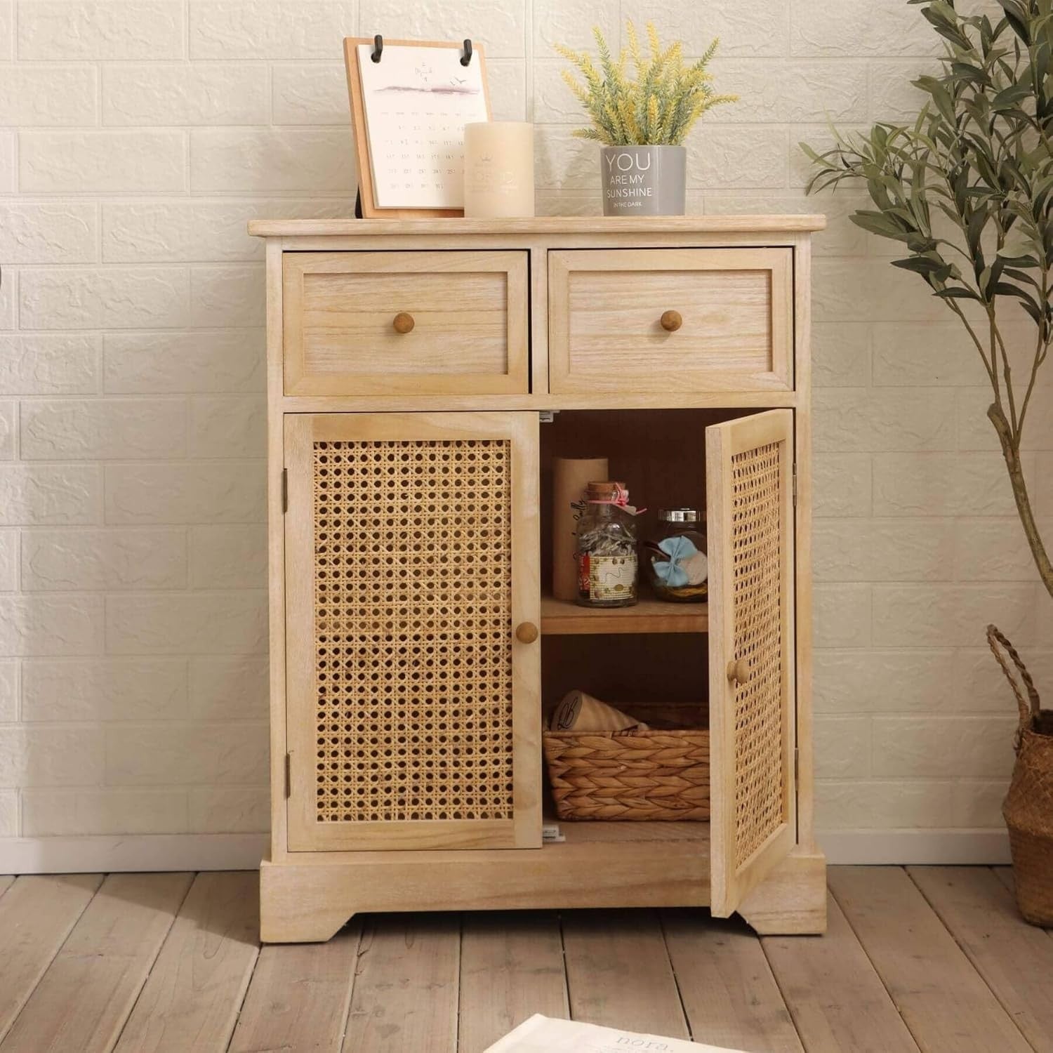 Solid Wood Rattan Sideboard Cabinet 2 Drawers Cupboard Storage Unit