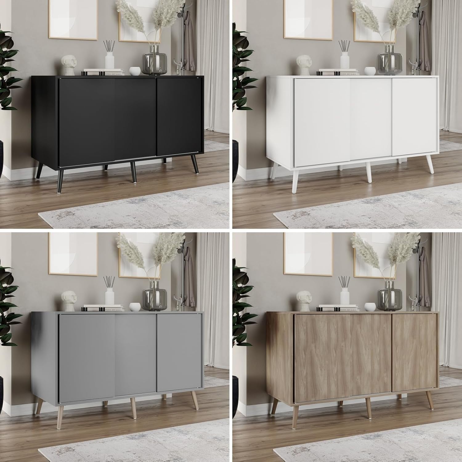 Modern 3-Door Sliding Sideboard Cabinet with Wooden Legs Storage Organizer