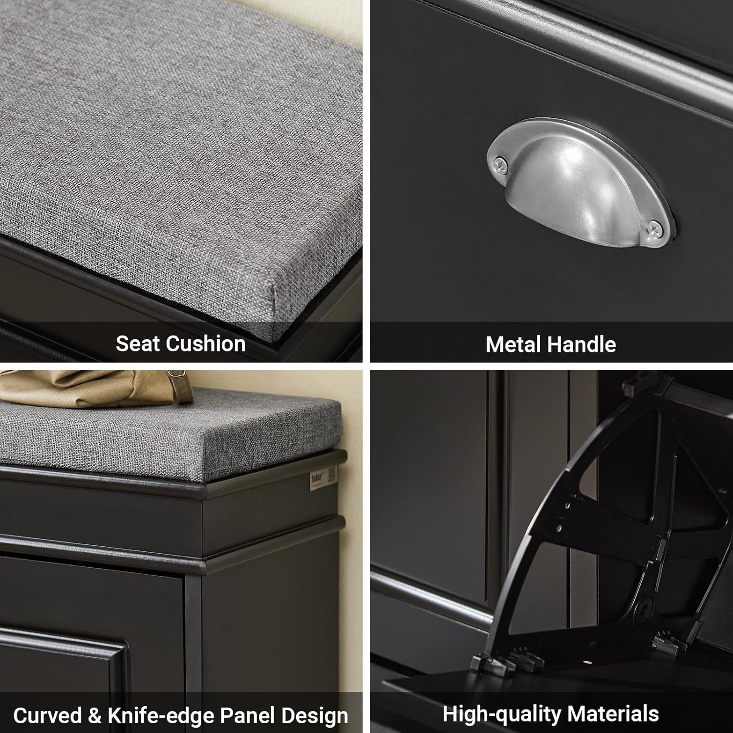Black Shoe Storage Bench with Cushion Seat & Flip-Drawers – Slim Hallway Cabinet