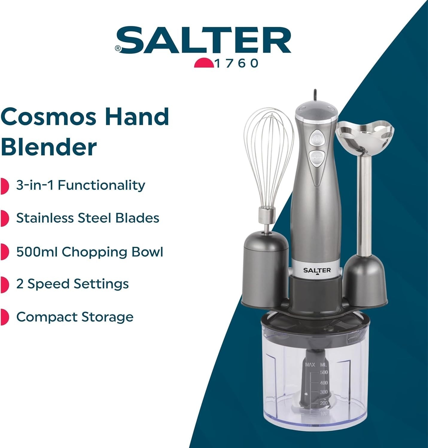 3-in-1 Hand Blender Set | Whisk, Food Processor & Chopper, 500ml Bowl
