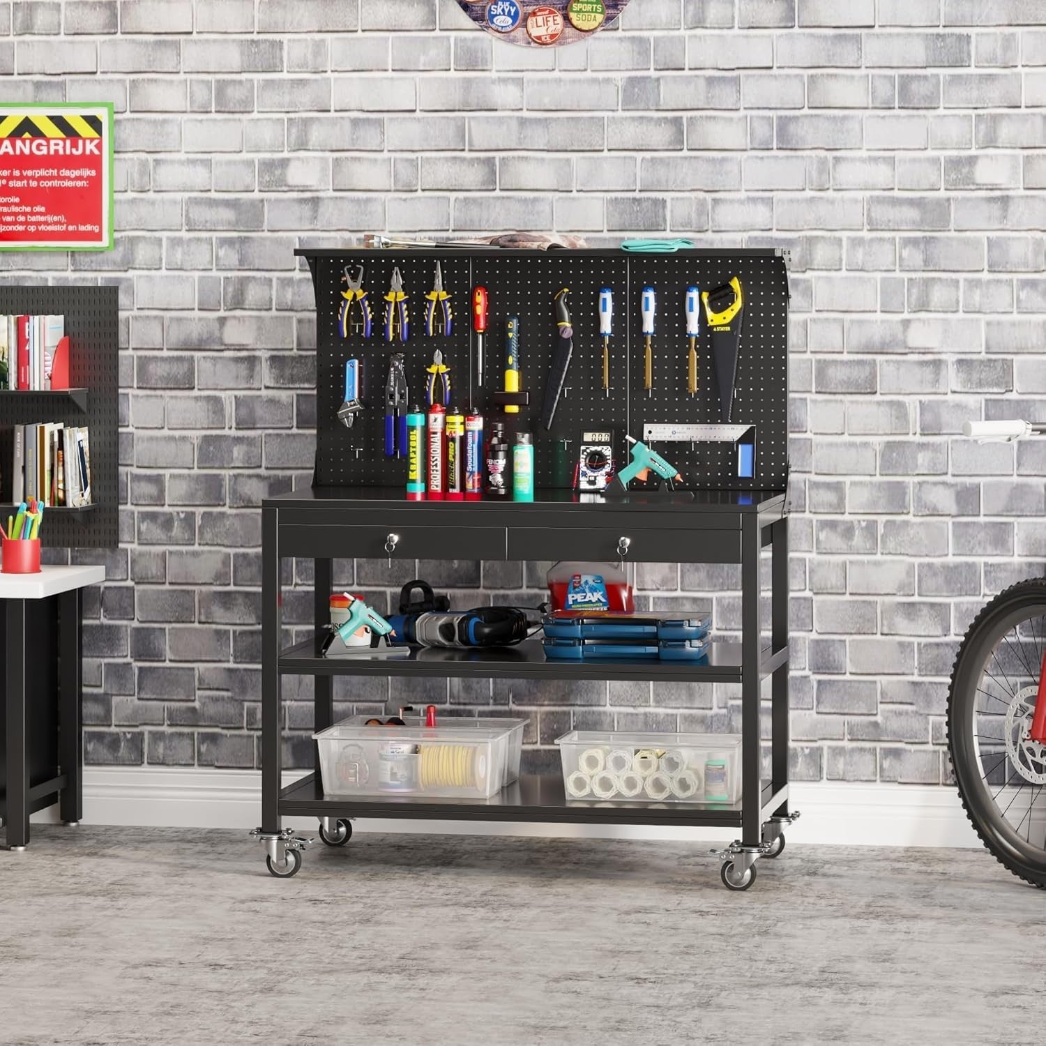 Mobile Heavy Duty Workbench 500kg Pegboard Wheels Lockable Drawers 1500x1000mm
