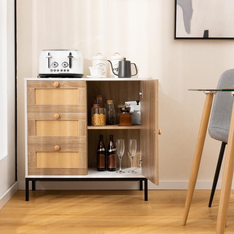 Rattan Sideboard Cabinet with Drawers & Door Boho Farmhouse Storage Unit