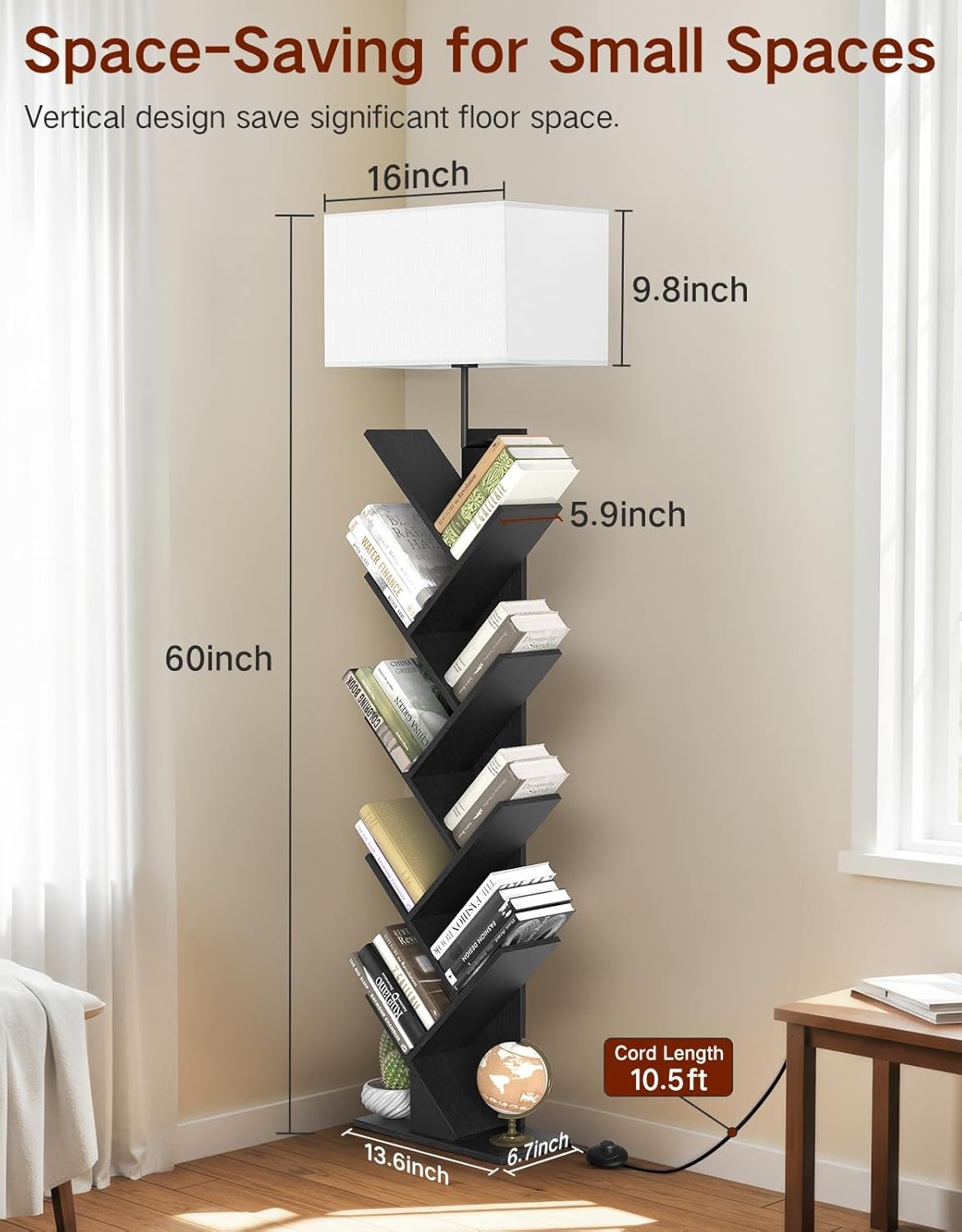 9 Tier Tree Bookshelf Floor Lamp with Light Remote Narrow Bookcase