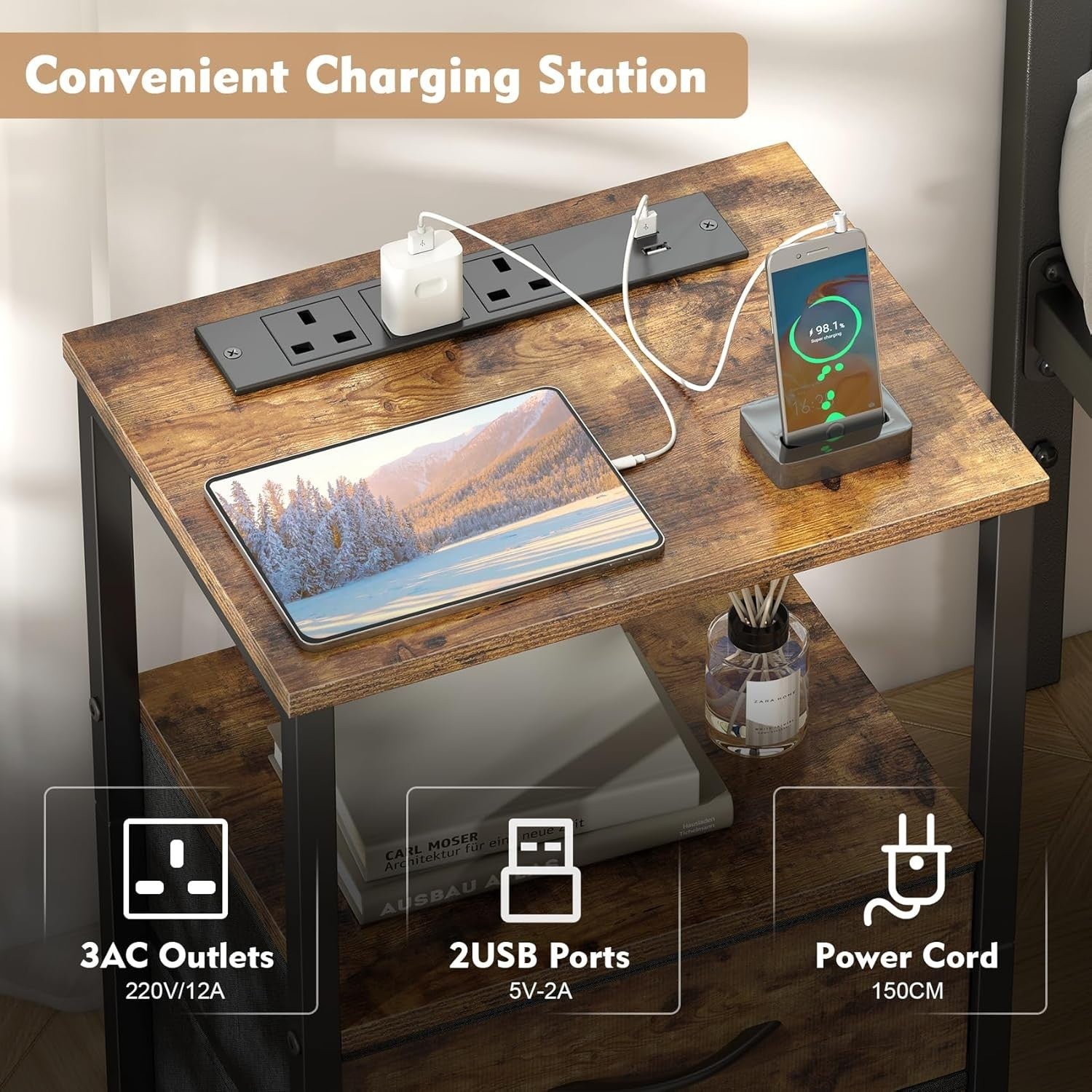 Set of 2 Rustic Industrial Bedside Tables with LED Lights & USB Charging Ports