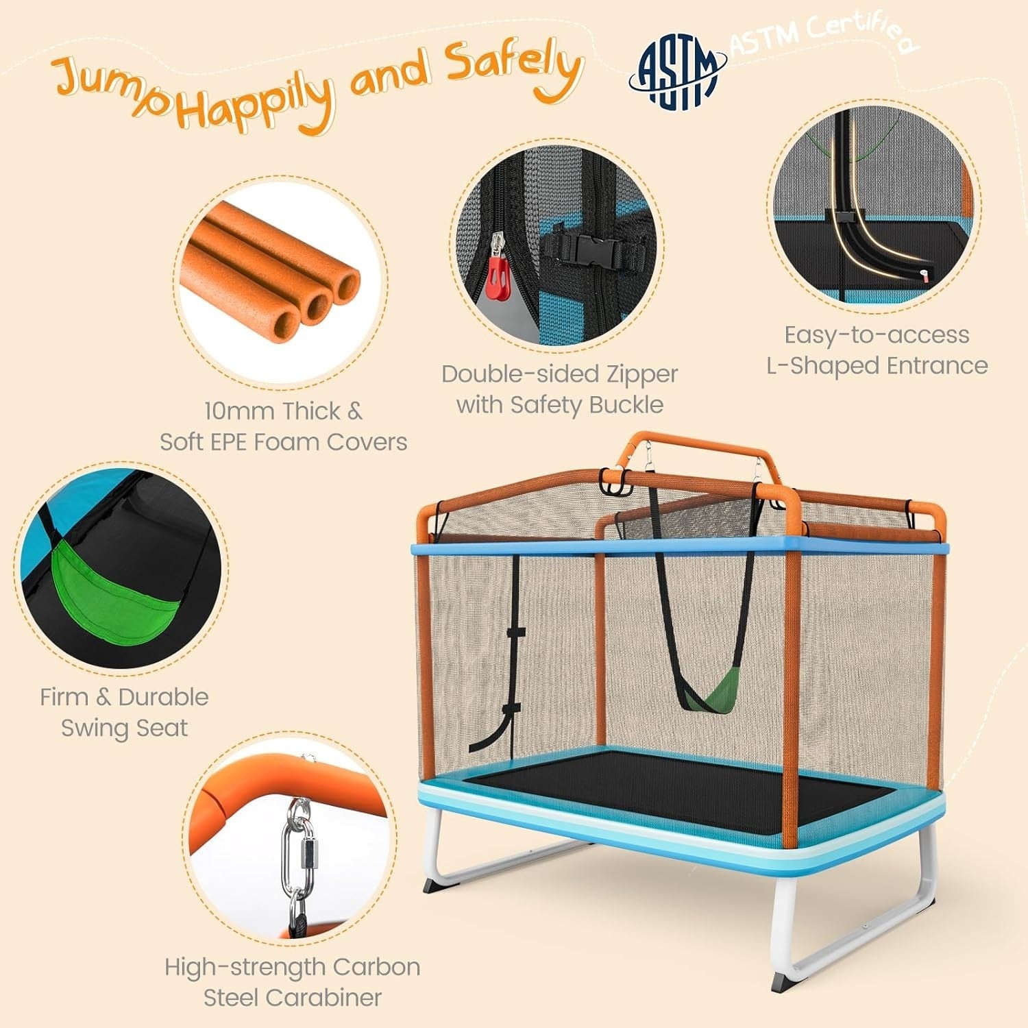 6FT Kids 3-in-1 Trampoline Safety Enclosure Swing Bar Indoor Outdoor