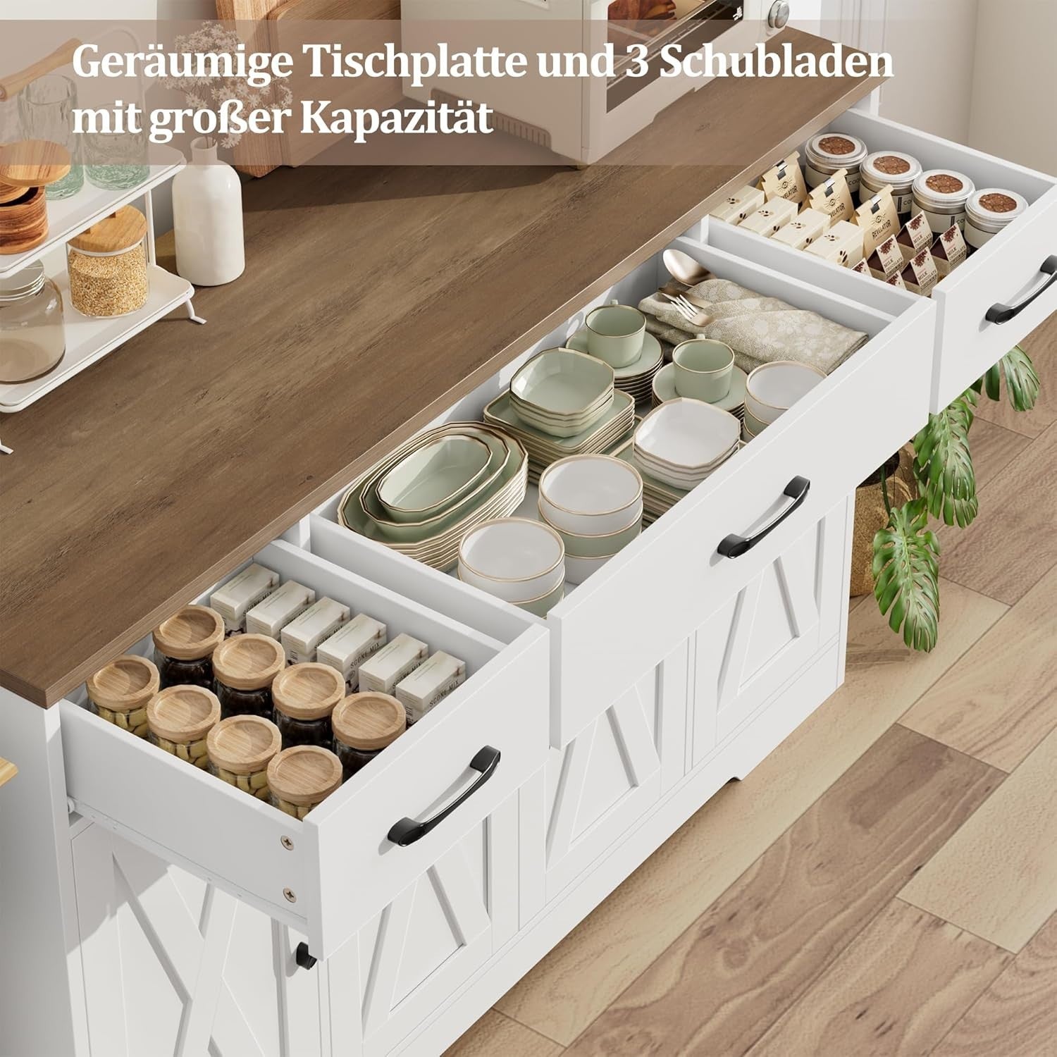 Kitchen Sideboard Cabinet 140cm with Drawers Adjustable Shelves Storage Unit