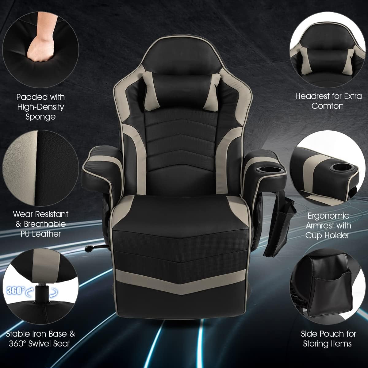 Massage Gaming Chair Recliner Footrest Cup Holder PU Leather