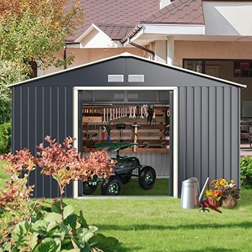 Metal Garden Storage Shed 11x8ft Waterproof Outdoor Tool Shed,Sliding Doors Grey