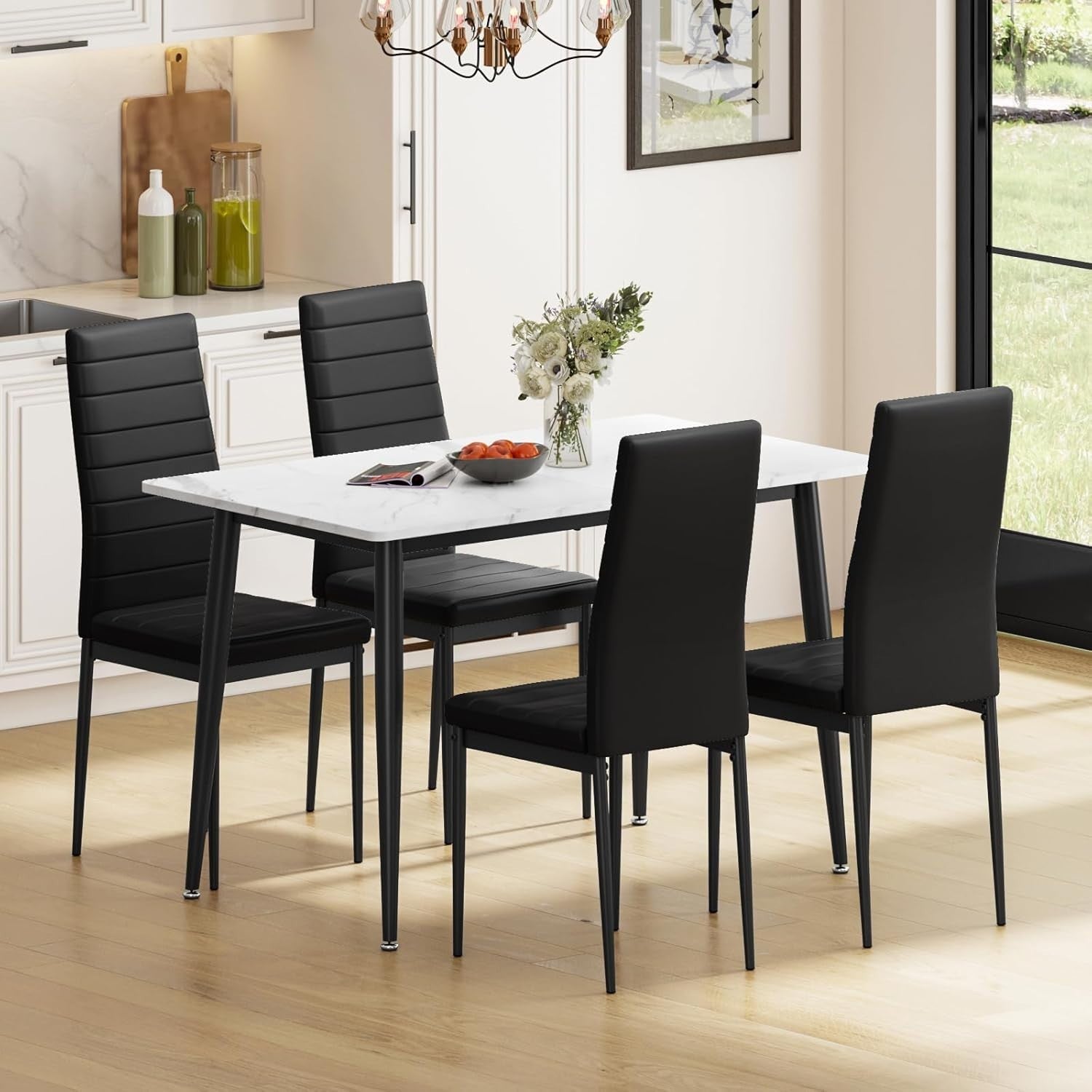 4 Seater Marble Dining Table Set White Faux Leather Chairs Modern