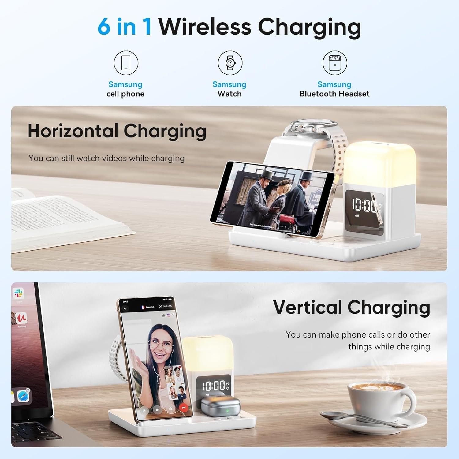 Wireless Charging Station Alarm Clock LED Night Light Fast Charge Bedside