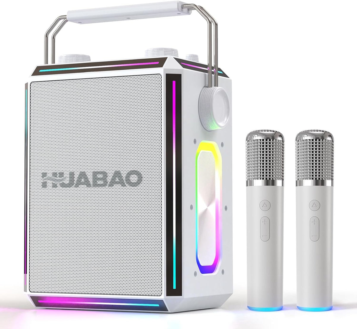 White Bluetooth Karaoke Speaker with 2 Wireless Mics RGB Party