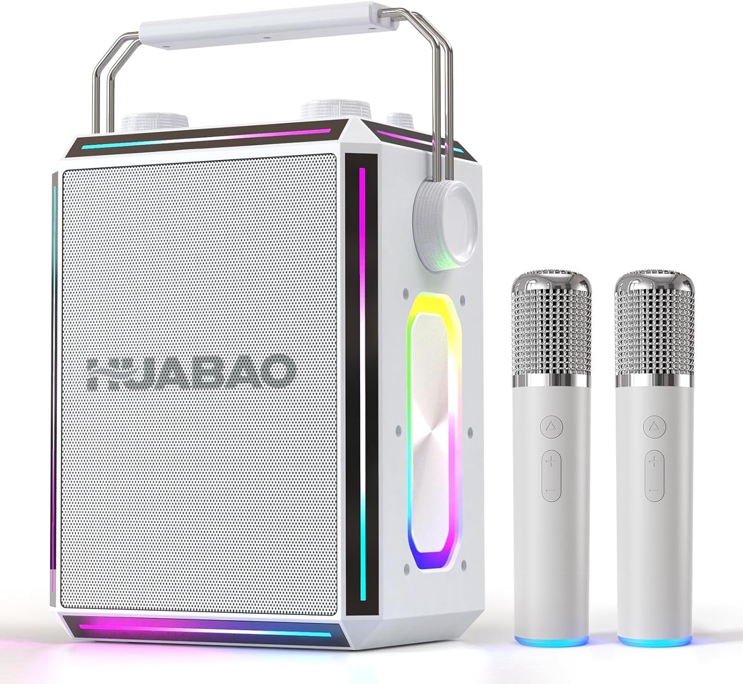 White Bluetooth Karaoke Speaker with 2 Wireless Mics RGB Party