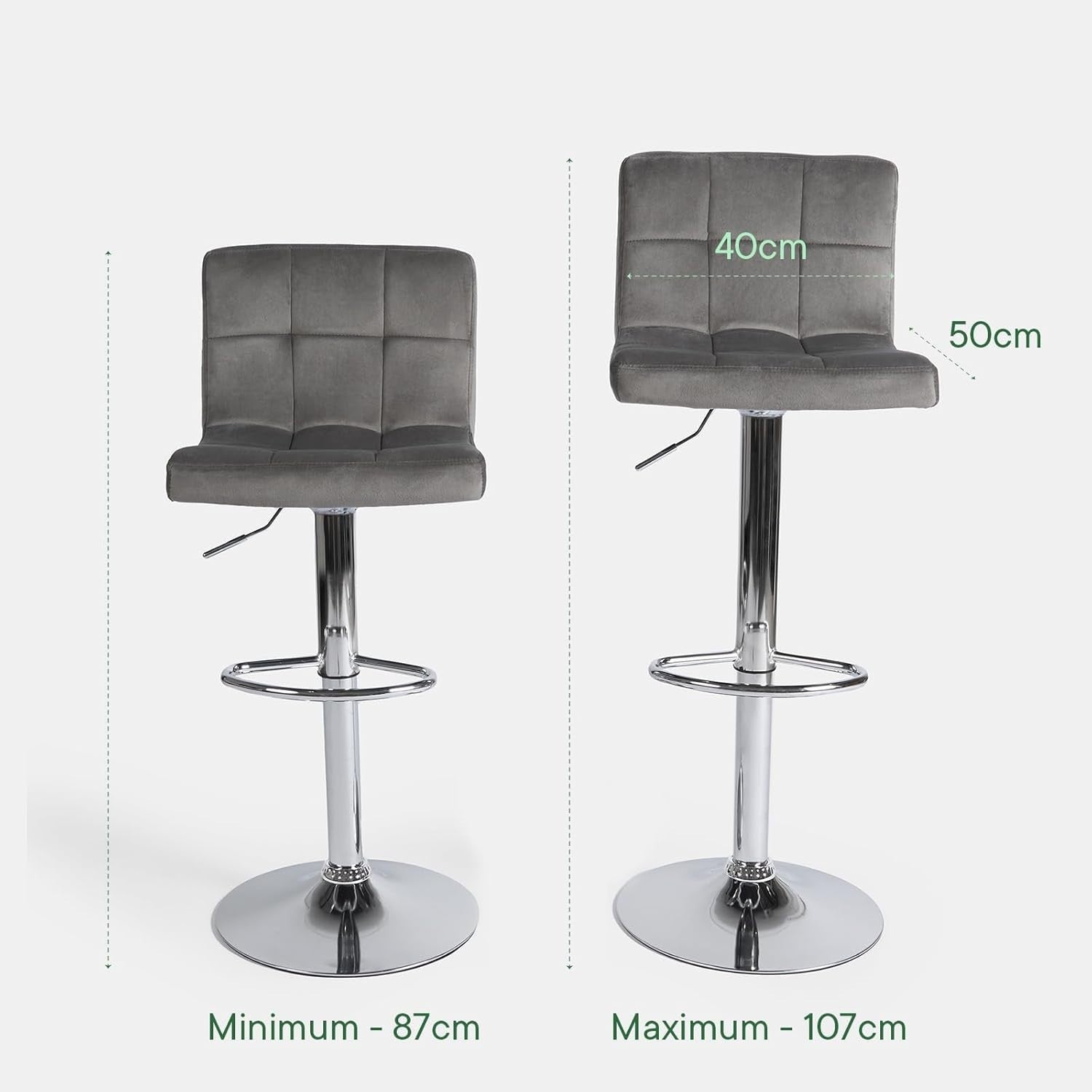 Set of 2 Adjustable Grey Velvet Bar Stools with Swivel & Footrest