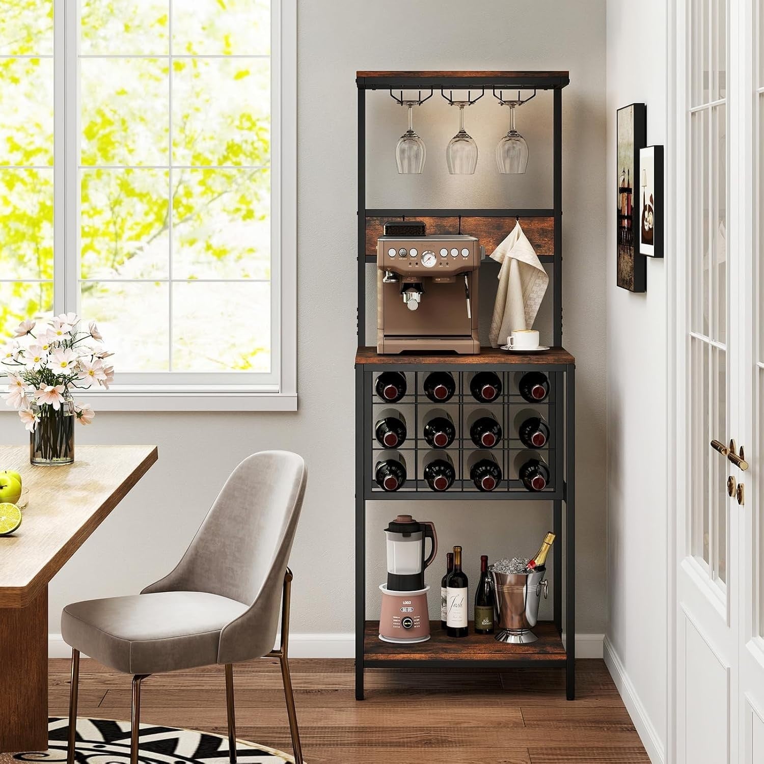 Freestanding Wine Rack Bar Cabinet with Glass Holder & Storage Shelves