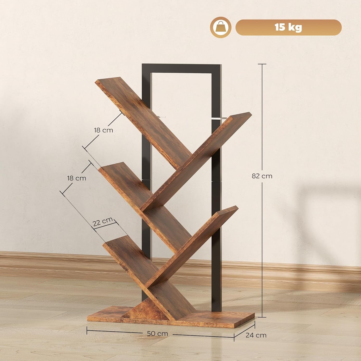 Rustic Brown Tree Bookshelf 5-Tier Vertical Bookcase Modern Space-Saving Shelf