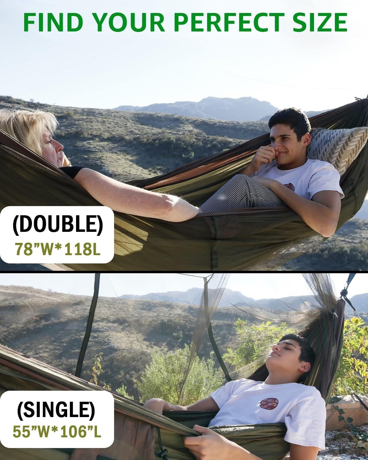 Double Camping Hammock with Mosquito Net, 600lb Capacity, Portable & Easy Setup