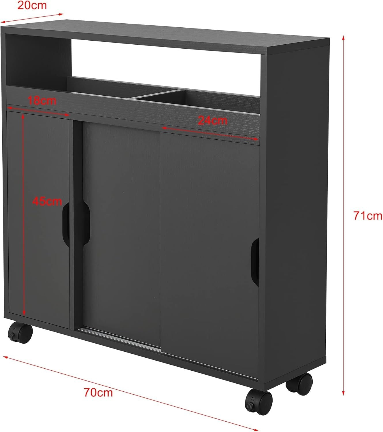 Bathroom Storage Cabinet Dark Grey Slim Cupboard w/ Wheels & Sliding Door