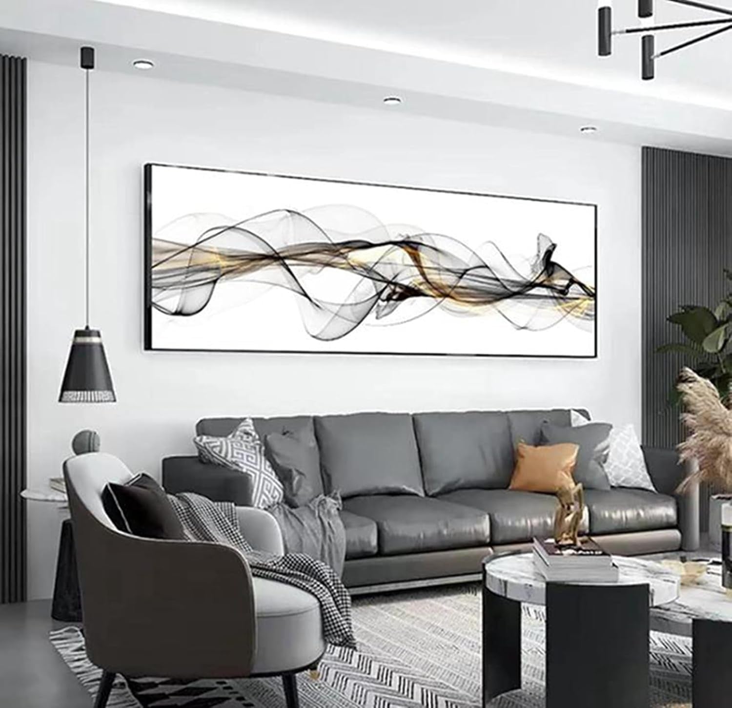 Large Black White Abstract Line Canvas Wall Art 150x50cm