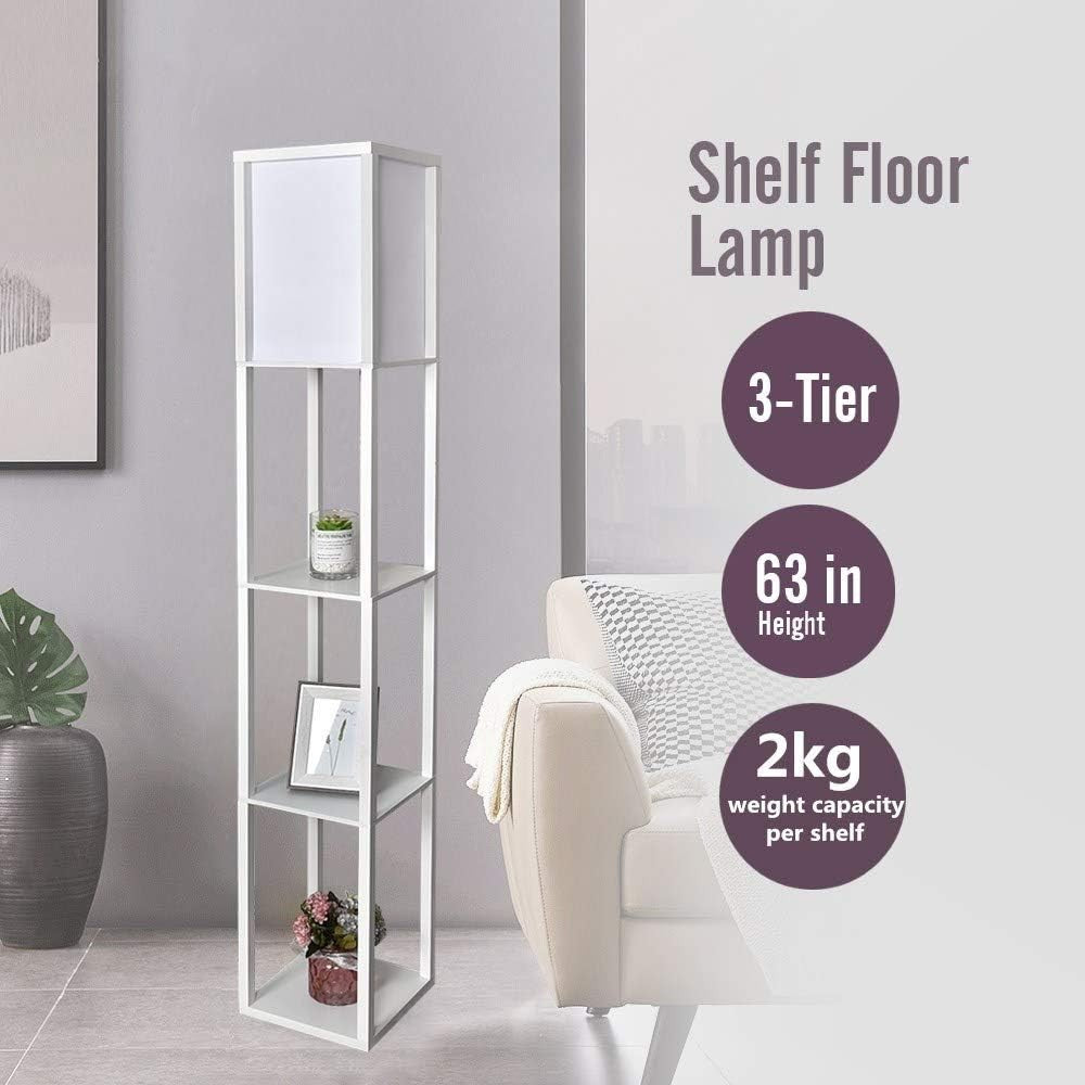 Floor Lamp with Shelves Storage Standing Light Wooden Modern White Tall