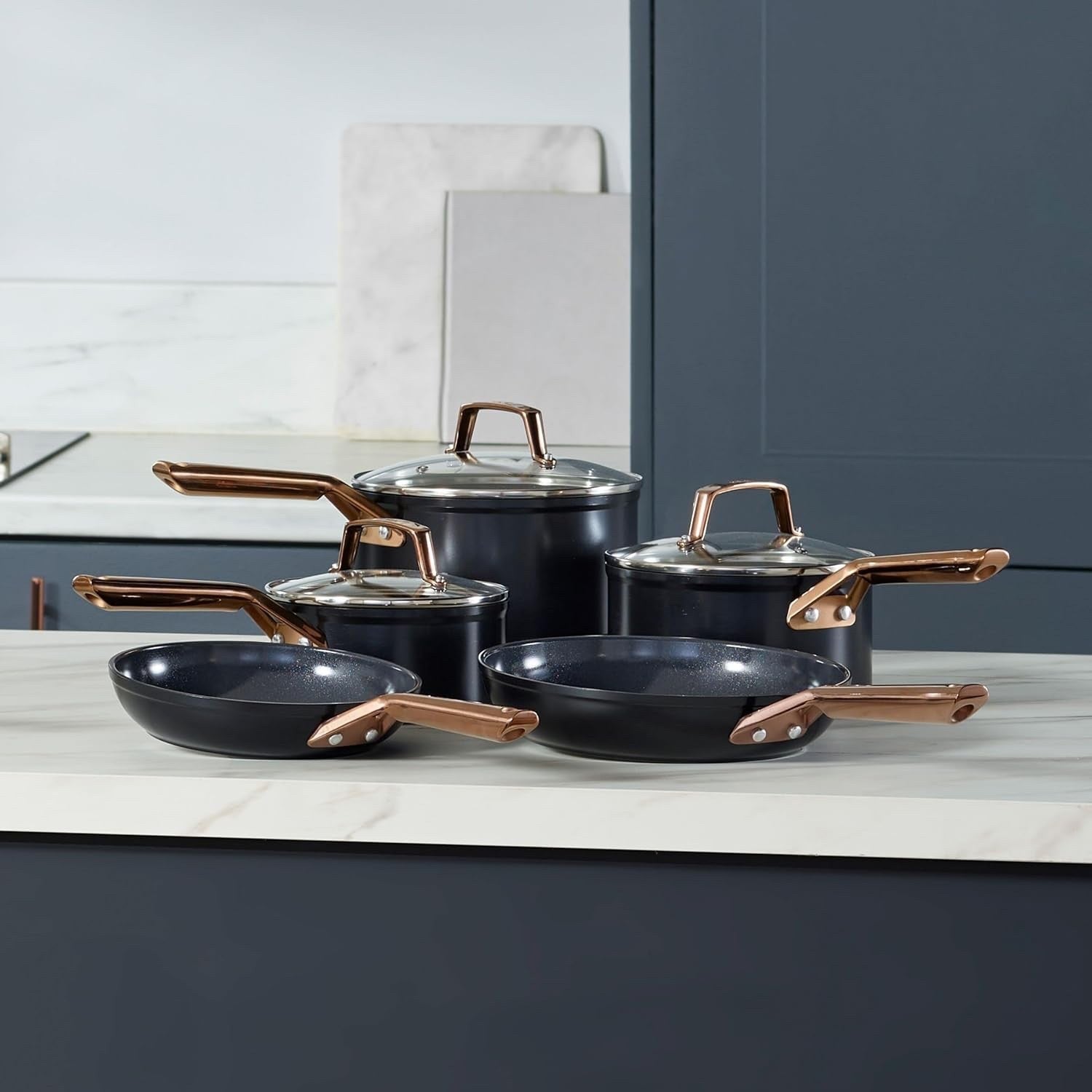 5pcs Non Stick Ceramic Cookware Set Saucepans & Frying Pans Black Copper
