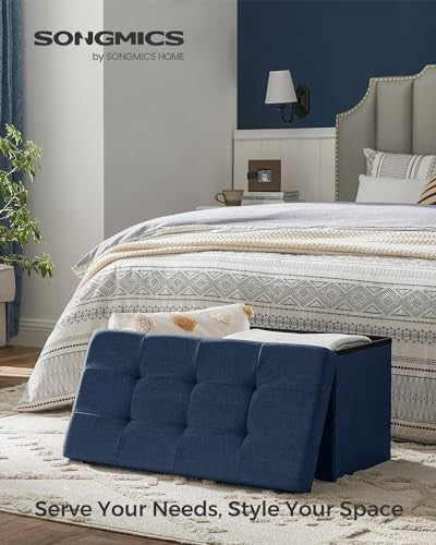 Dark Blue Folding Ottoman Bench 76cm Linen Storage Seat Footstool 89L Box