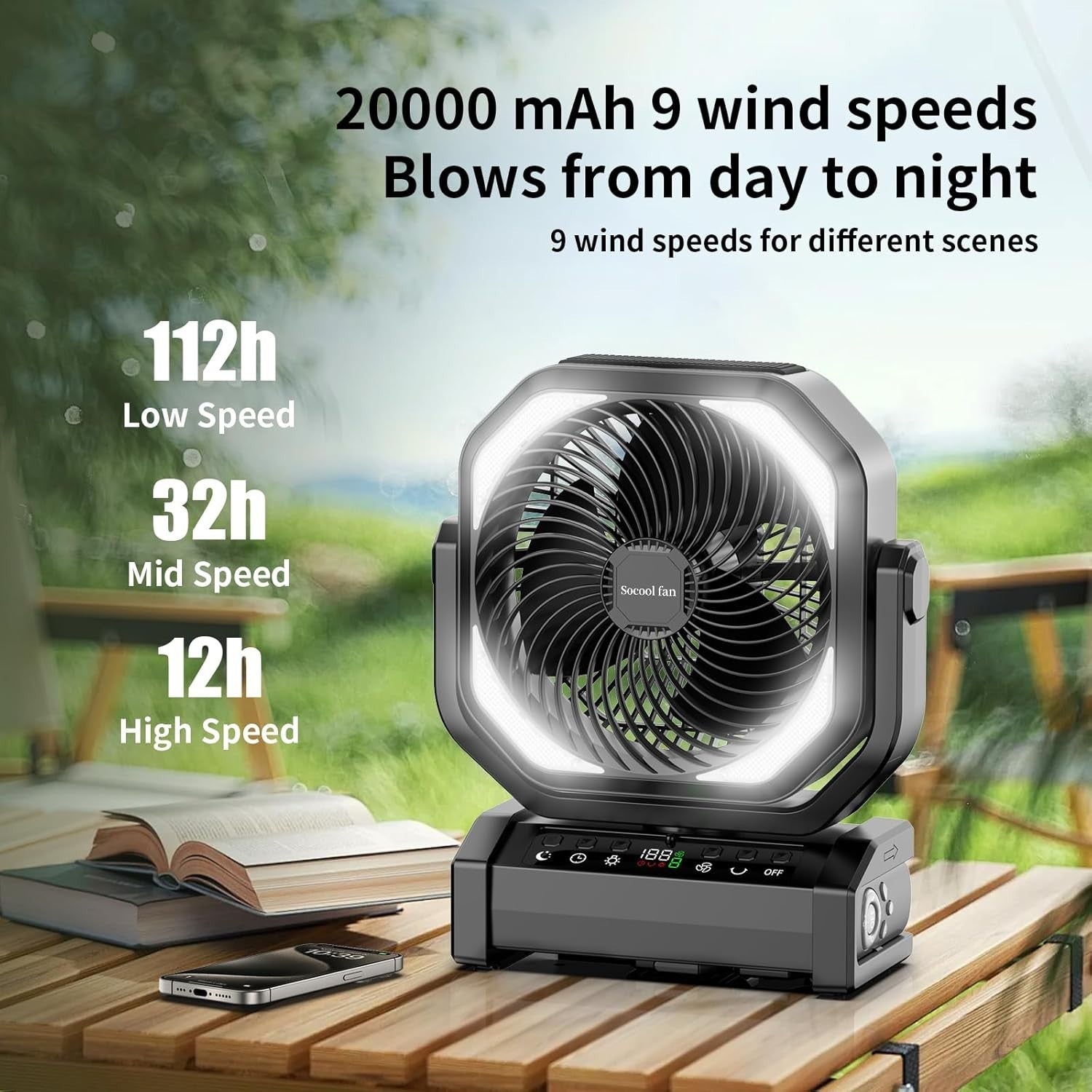 Camping Fan w/ Light – 9-Speed Rechargeable 20000mAh Fan w/ Timer & Remote