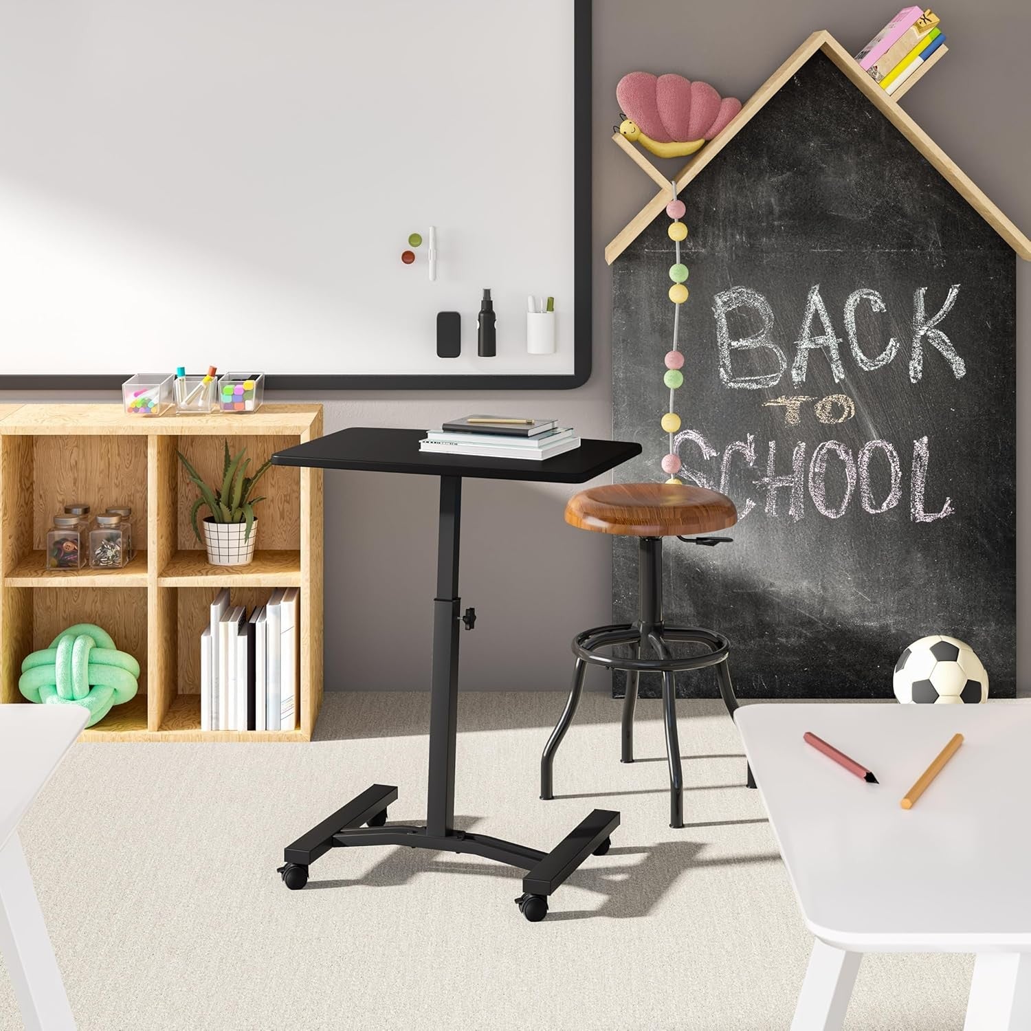 Mobile Height Adjustable Laptop Desk with Wheels Flat Top Workstation Black