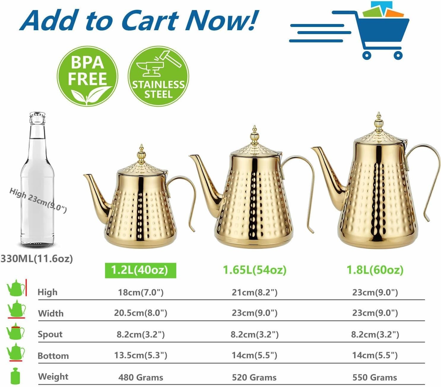 1.2L Gold Stainless Steel Teapot with Infuser Hammered Tea Pot 5 Cup