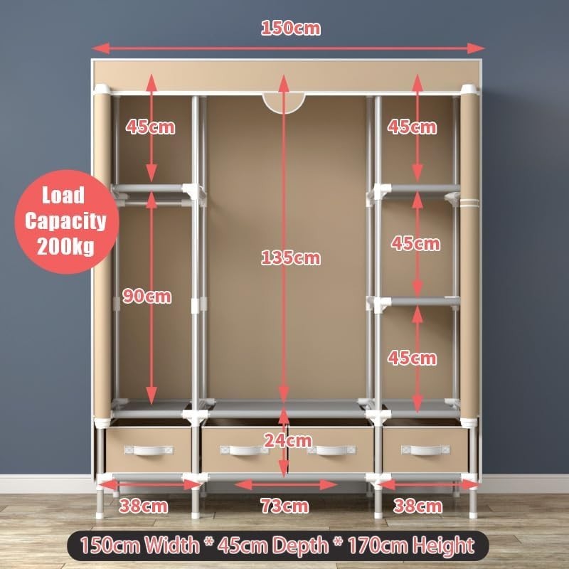Canvas Wardrobe Storage with Drawers, Hanging Rail & Shelves – Durable, Space