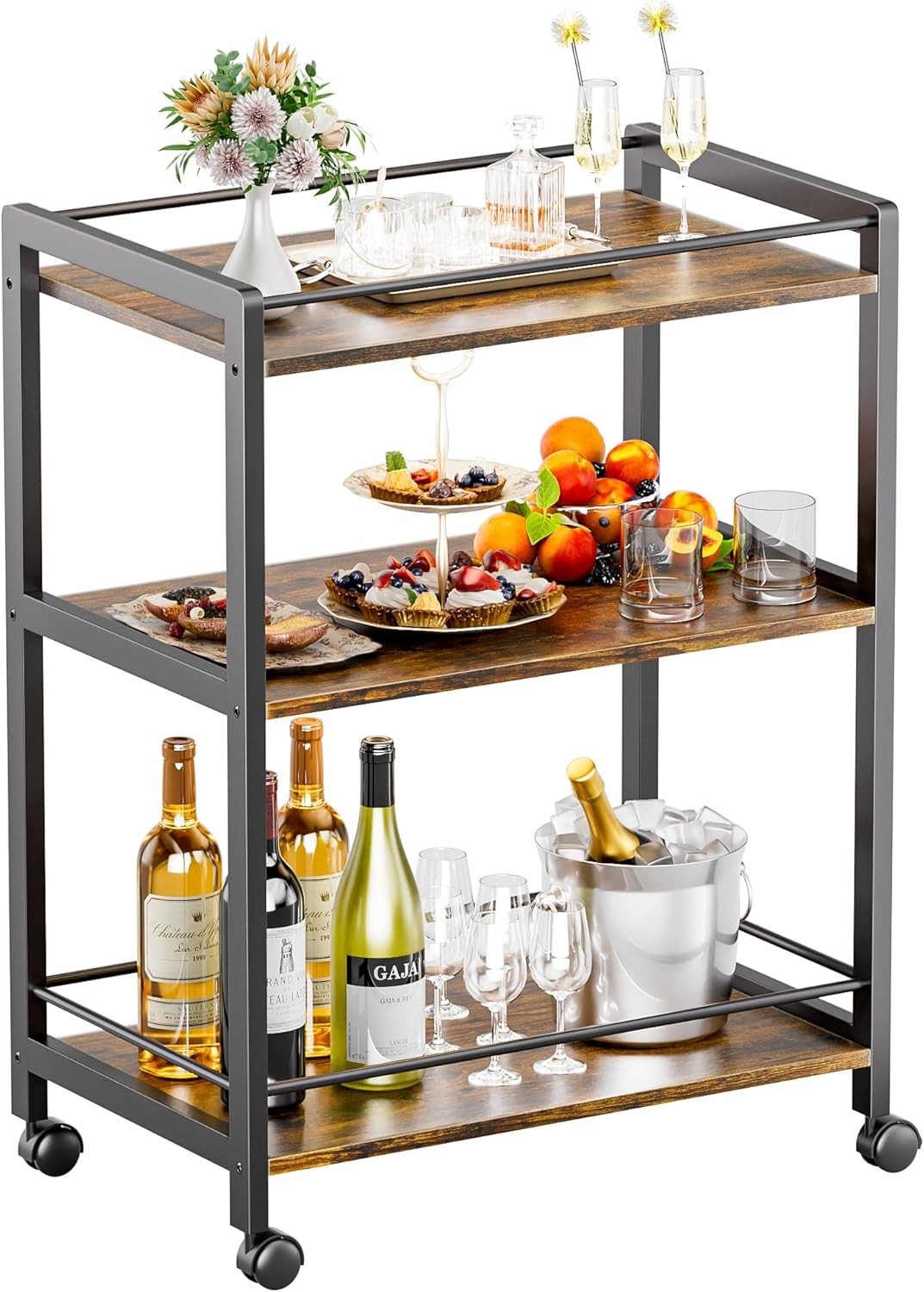 64x40x85cm Rustic Brown Bar Cart 3 Tier Drinks Trolley