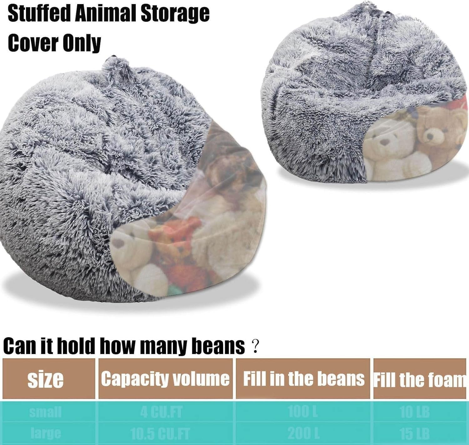 Ultra Soft Faux Fur Bean Bag Chair Cover Storage for Kids Teens Plush Toys