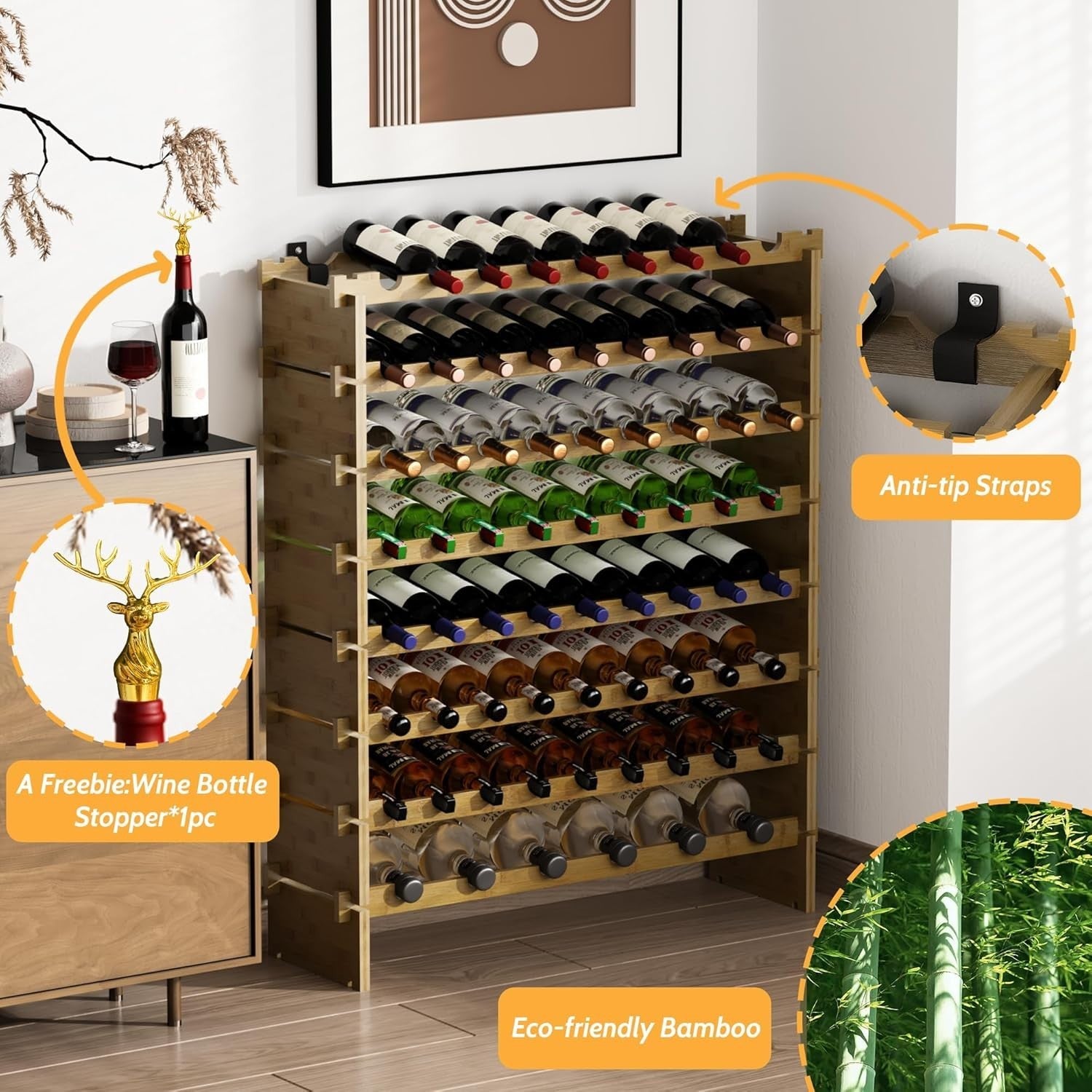 69 Bottle Wine Rack Floor Standing Bamboo 8-Tier Stackable Storage Shelf Walnut