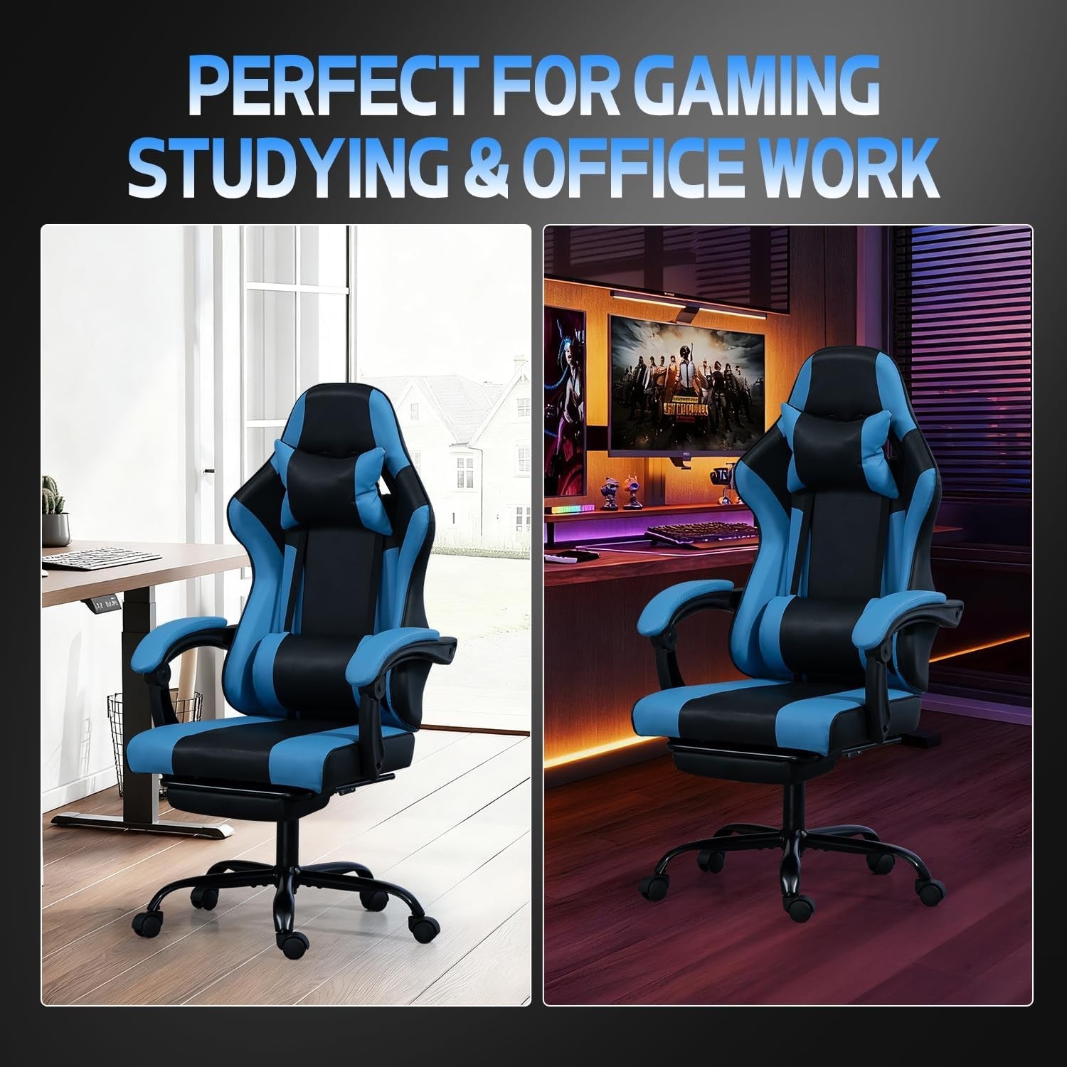 Blue Ergonomic Gaming Chair Recliner Swivel Lumbar Support