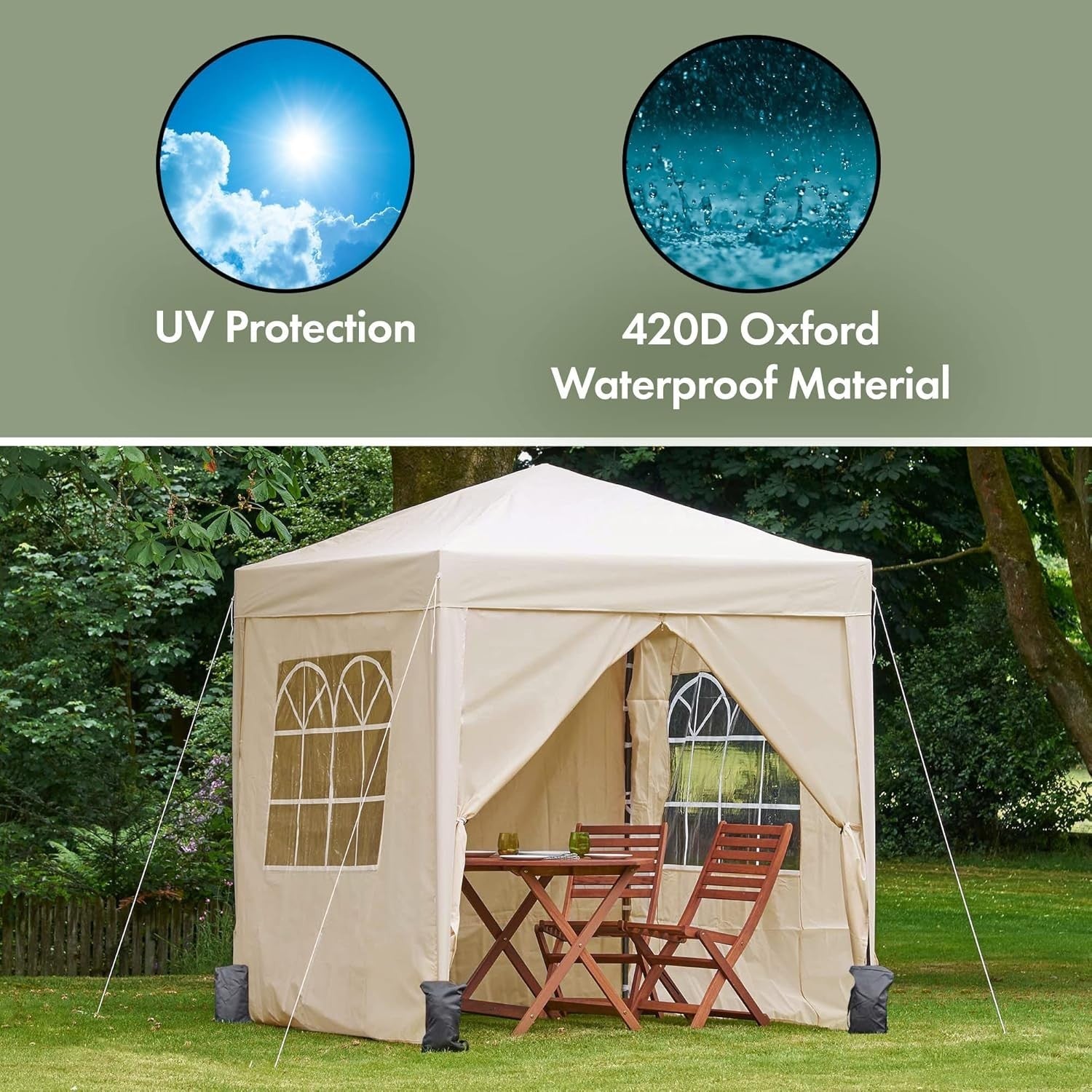 2x2M Ivory Pop Up Gazebo With Removable Sides Waterproof Garden Party Tent