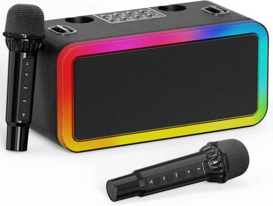 Portable Karaoke Machine 2 Mics Bluetooth Speaker with LED Lights Black