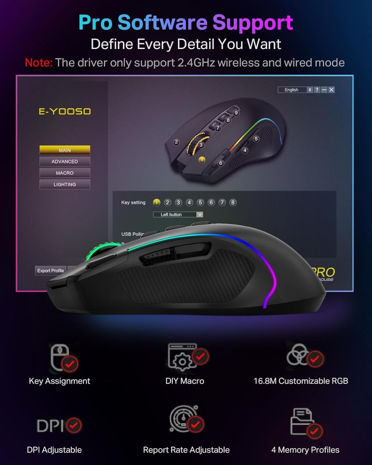 Wireless Gaming Mouse RGB 8000 DPI 9 Programmable Buttons Tri-Mode