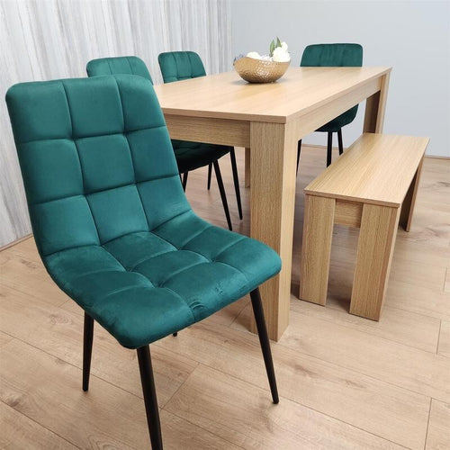 6 Seater Oak Effect Dining Table Set with Green Velvet Chairs & Bench Wood