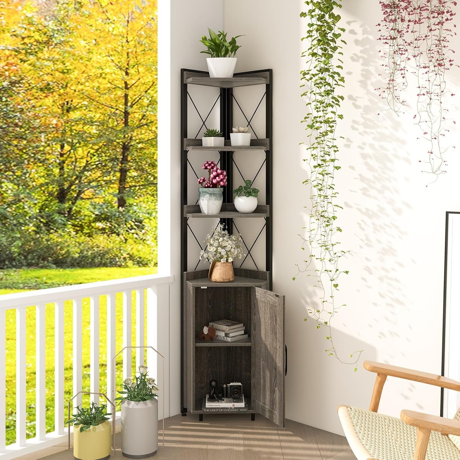 Grey 6-Tier Corner Bookcase Tall Freestanding Storage Shelf with Cabinet