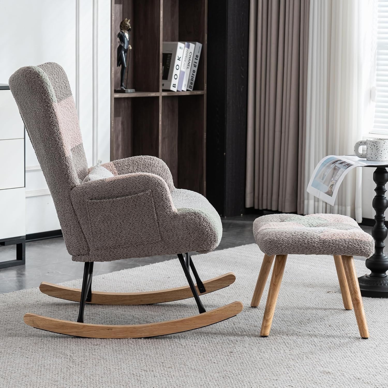 Patchwork Rocking Chair with Ottoman | Ergonomic Comfort & Solid Wood Legs