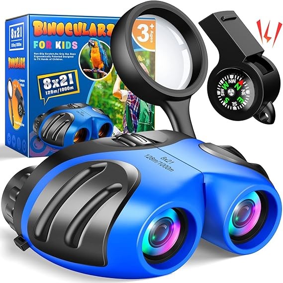 Kids 8x21 Waterproof Binoculars with Compass & Whistle Outdoor Toys Blue